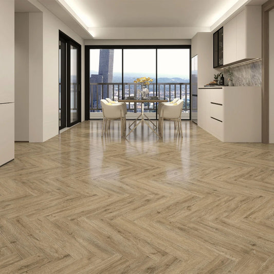 Premium 5.3mm ProLvt Rigid Herringbone Amazonian Beige Oak 15cm x 75cm SPC Click Flooring