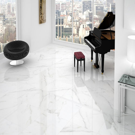Calder Calcutta Polished Marble Effect White Gloss Rect Large 80x80 Wall and Floor