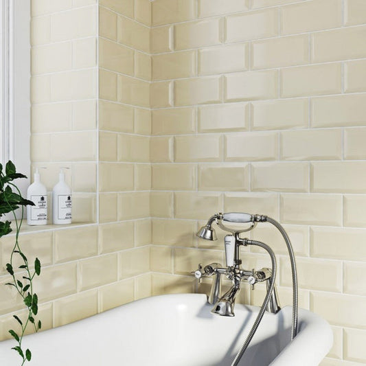 Underground Bevelled Cream Metro Gloss Ceramic 100x200 Kitchen Wall Tiles