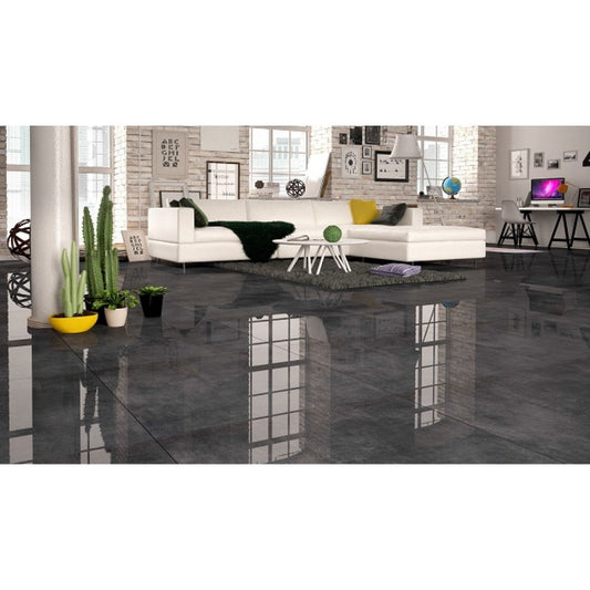 Orion Polished Dark Grey Black Mirror High Gloss Rectified 80x80 Floor And Wall