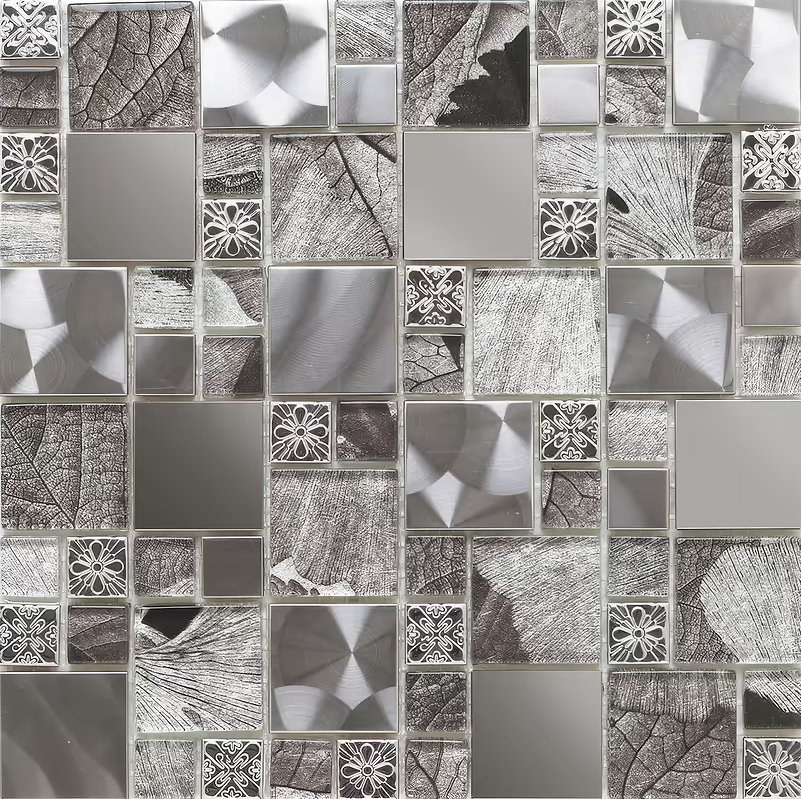 Saturn Silver Glass & Metal Mix Modular Tile Mosaic 30cmx30cm