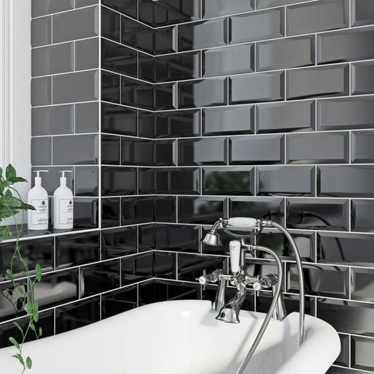 Underground Bevelled Black Metro Gloss Ceramic 100x200 Kitchen Wall Tiles